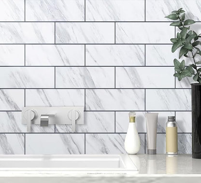 AULIGET 6" x 12" White Marble Peel and Stick Backsplash Wall Tiles, PVC Faux Stone Stick on Tiles for Backsplash Kitchen, Bathroom, Laundry Room, Camper, Fireplace (Pack of 20)