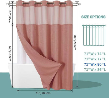 eachope No Hook Waffle Shower Curtain with Snap-in Liner, 71x80 Inch, Coral | 230 GSM waffle weave fabric, waterproof liner set with 2 bottom magnets, mesh top window, washable, for bathroom or hotel use