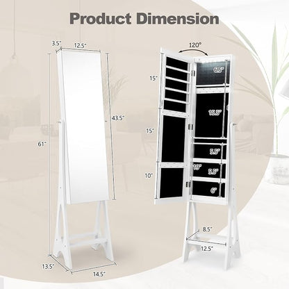 COSTWAY 12 LED Mirror Jewelry Cabinet, Freestanding Jewelry Storage Organizer w/Full Length Mirror, Large Capacity Jewelry Armoire w/Bottom Shelf, Mirror with Jewelry Storage for Women Girls (White)