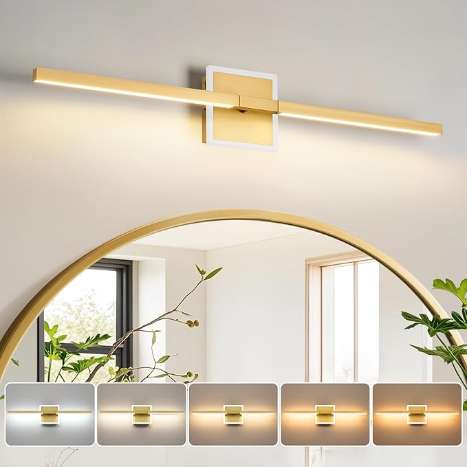 Gold Bathroom Vanity Light Fixtures Over Mirror, Modern 5CCT Adjustable Led Vanity Lights Fixture with RGB Ambiance Lighting, 24 Inch Bar Bathroom Sconce Picture Lights for Wall