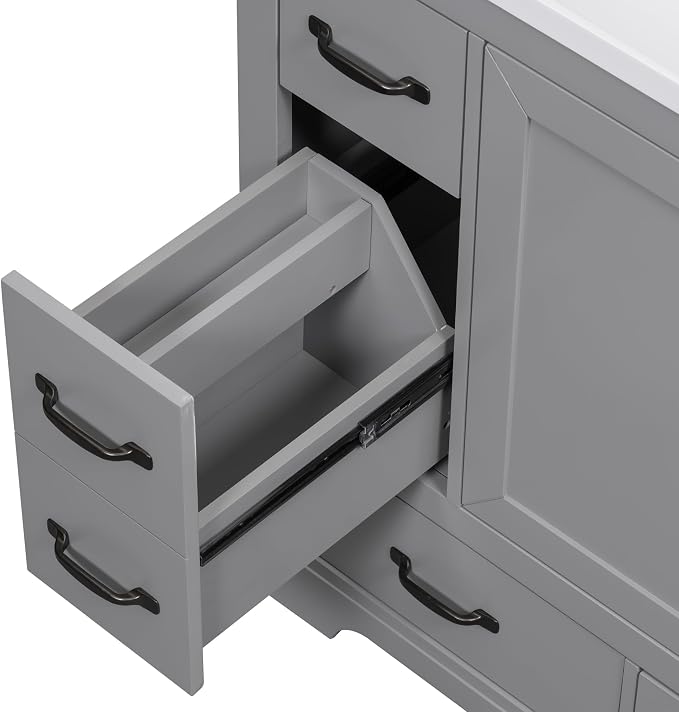 36" Bathroom Vanity Without Top Sink,6-Drawer Freestanding Cabinet Base with Multi-Functional Divider & Adjustable Shelf,Solid Wood MDF Vanity Only, Water Resistant,Grey