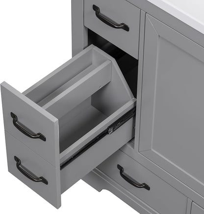 36" Bathroom Vanity Without Top Sink,6-Drawer Freestanding Cabinet Base with Multi-Functional Divider & Adjustable Shelf,Solid Wood MDF Vanity Only, Water Resistant,Grey