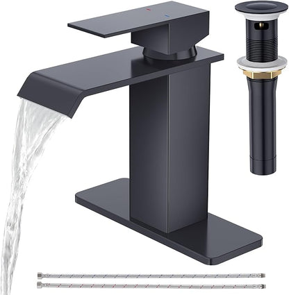 CREA Black Waterfall Bathroom Faucet 1 Hole,Matte Black Bathroom Faucet Single Handle Bathroom Sink Faucet with Pop Up Drain Stopper/ 3 Hole Plate,Stainless Steel RV Vanity Faucet Basin Mixer Tap