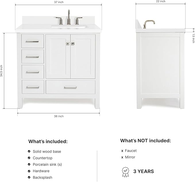ARIEL Cambridge 36-inch Bathroom Vanity with Sink,Solid Wood, 1.5-inch Pure White Quartz Countertop & Backsplash, Single Rectangular Porcelain Sink, 2 Soft Closing Doors, 5 Dovetail Drawers, White