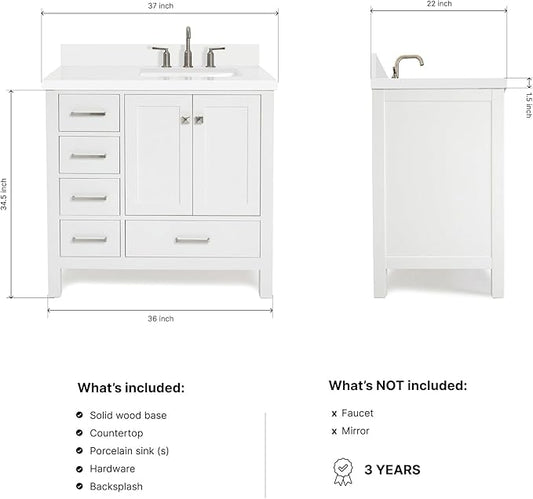 ARIEL Cambridge 36-inch Bathroom Vanity with Sink,Solid Wood, 1.5-inch Pure White Quartz Countertop & Backsplash, Single Rectangular Porcelain Sink, 2 Soft Closing Doors, 5 Dovetail Drawers, White