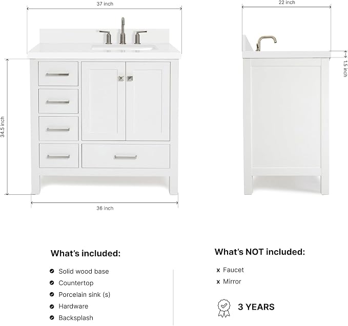 ARIEL Cambridge 36-inch Bathroom Vanity with Sink,Solid Wood, 1.5-inch Pure White Quartz Countertop & Backsplash, Single Rectangular Porcelain Sink, 2 Soft Closing Doors, 5 Dovetail Drawers, White