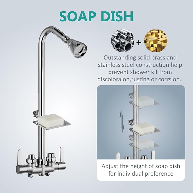 Aolemi Outdoor Shower Kit, Upward-Facing Inlets, Polish Chrome | 3-Inch Center Hot And Cold Mixer Valve, Dual Handles, with Soap Dish For Convenient Outdoor Shower Use