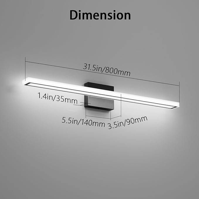 31.5inch Black LED Bathroom Vanity Light Bar 24W Modern Bath Light Fixture Over Mirror Vanity Light Cool White 6000K