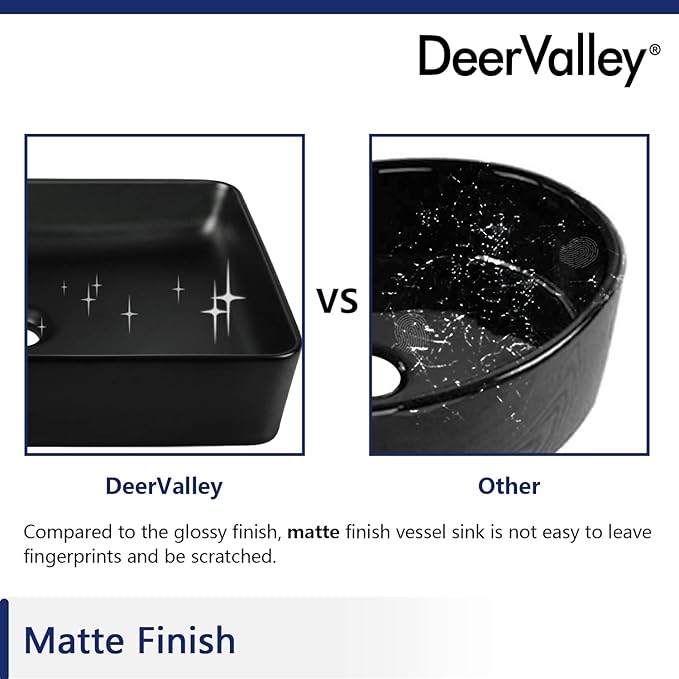 DeerValley DV-1V0010 Ally Bathroom Vessel Sink 20" Matte Black Rectangular Ceramic Bathroom Sinks