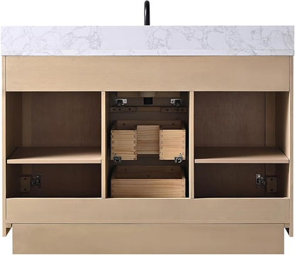 Vanity Art 48" Bathroom Vanity with Sink, Vanity Cabinet with Doors and Shelf, Modern Wood Bathroom Vanity with White Marble Top, Solid Wood Frame, 3 Functioning Drawers,VA70-48-LW-E