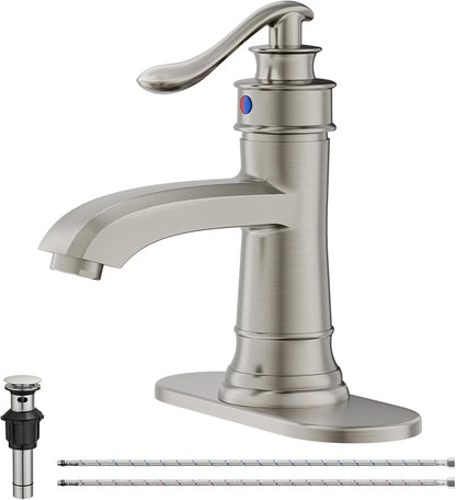 Brushed Nickel Bathroom Faucet Brass Single Handle Bathroom Sink Faucets | Single Hole Farmhouse Faucet Vanity Lavatory RV with Overflow Pop Up Drain Mixer Tap Commcercial Rustic by BATHLAVISH
