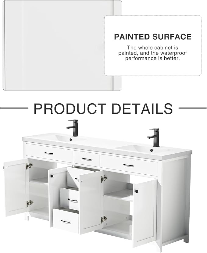 LUCKWIND 72" Bathroom Vanity and Sink Combo, Painted Modern Bathroom Storage Cabinet with Double Large Sink, Four Doors and Three Drawers, Include Faucet, Without Mirror, White