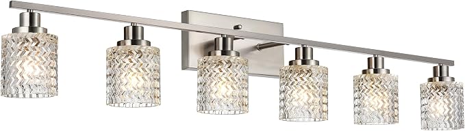 MELUCEE 6 Lights Bathroom Lighting Fixtures Over Mirror Brushed Nickel | Vanity Light with Hammered Glass Shade Indoor Wall Mounted Lamp for Bathroom Bedroom Kitchen