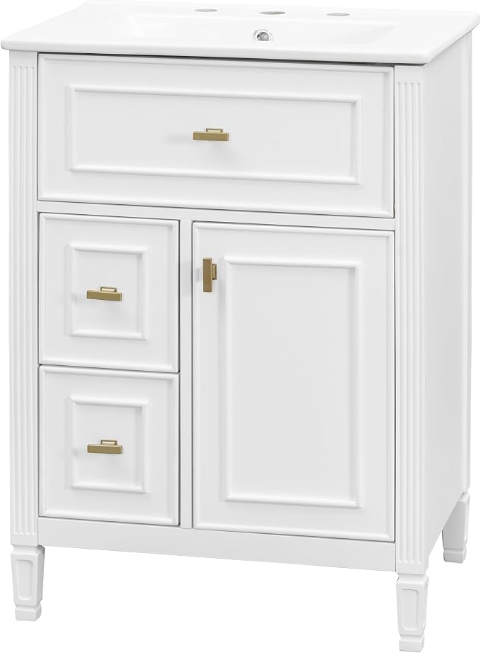 24" Modern Bathroom Vanity with Ceramic Sink, Solid Wood Frame Freestanding Storage Cabinet w/2 Drawers & Tilt-Out Drawer, Door Rack & Adjustable Shelf, Golden Metal Handles, White