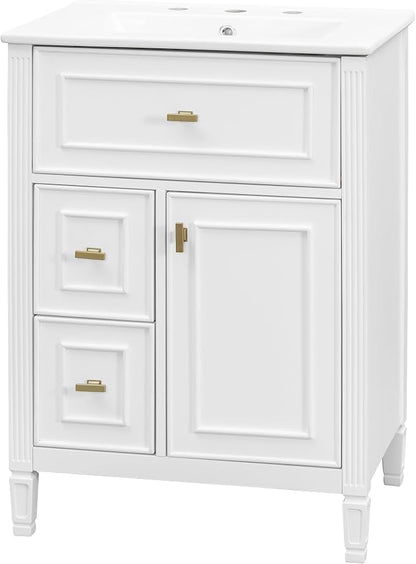 24" Modern Bathroom Vanity with Ceramic Sink, Solid Wood Frame Freestanding Storage Cabinet w/2 Drawers & Tilt-Out Drawer, Door Rack & Adjustable Shelf, Golden Metal Handles, White