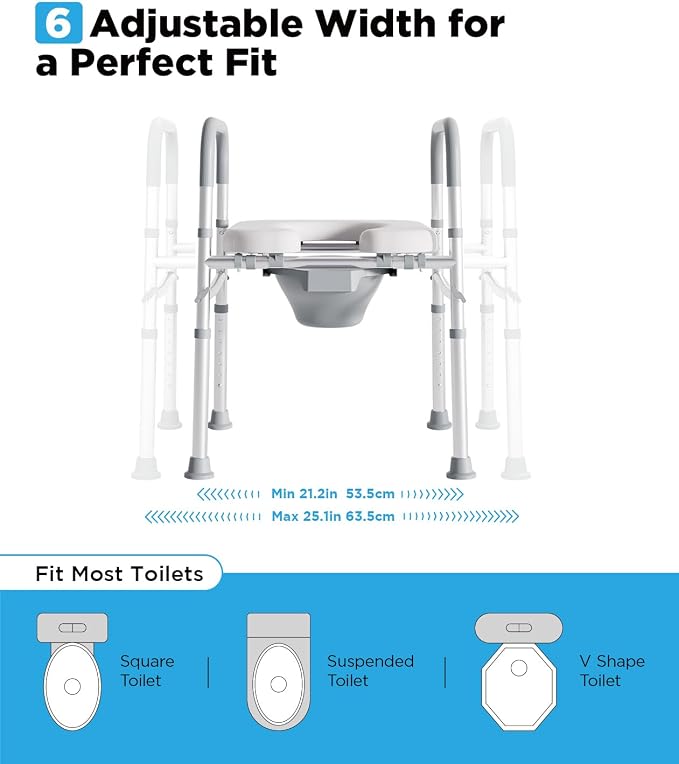 Bedside Commode for Seniors,FSA/HSA Eligible 3-in-1 Commode Toilet | Adjustable Height & Width, 16.5 Inch Soft Seat Plate, Tool-Free Assembly, Durable Aluminum Frame, Use as Raised Toilet
