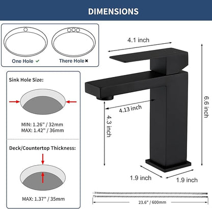 Black Bathroom Faucets One Hole Sink Faucet Single Handle 1 Hole Vanity SUS304 Stainless Steel Faucet for Bathroom Sink Matte Black Bathroom Faucet, SF3-BK