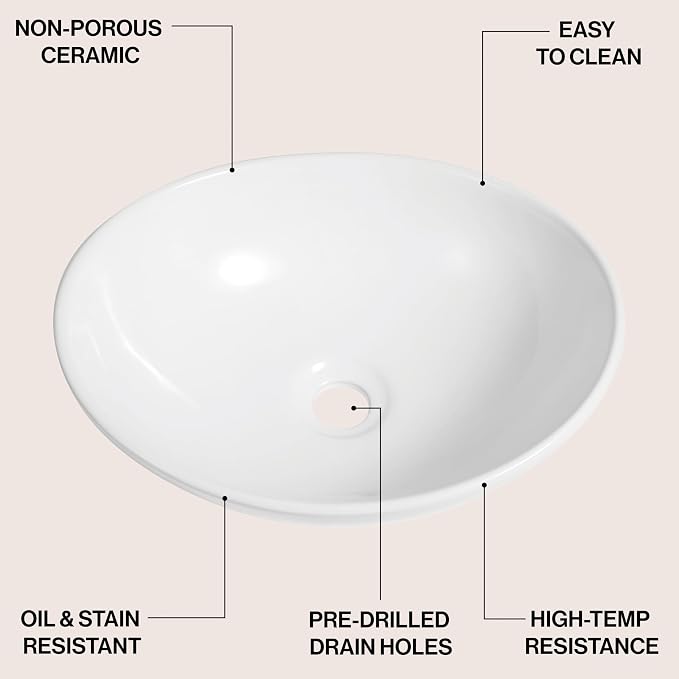 JONATHAN Y Cascade 16" x 13.5" Oval Ceramic Vessel Bathroom Sink, White | Above Counter Installation, Glossy Finish, Modern Minimalist Style, 5.75" Height, 1.75" Drain Hole
