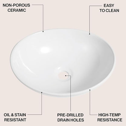 JONATHAN Y Cascade 16" x 13.5" Oval Ceramic Vessel Bathroom Sink, White | Above Counter Installation, Glossy Finish, Modern Minimalist Style, 5.75" Height, 1.75" Drain Hole