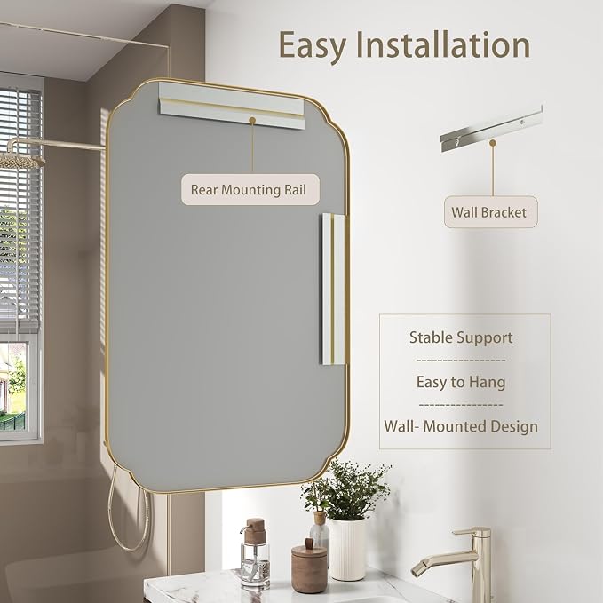 SMIROR 24x36 Gold Scalloped Corner Bathroom Vanity Mirror for Wall | Metal Frame, Scalloped Rectangle, Anti-Rust, Horizontally or Vertically Mounted