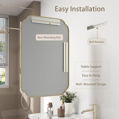 SMIROR 24x36 Gold Scalloped Corner Bathroom Vanity Mirror for Wall | Metal Frame, Scalloped Rectangle, Anti-Rust, Horizontally or Vertically Mounted