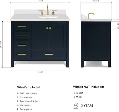 ARIEL Cambridge 42-inch Bathroom Vanity with Sink,Solid Wood, 1.5-inch Pure White Quartz Countertop & Backsplash, Single Oval Porcelain Sink, 2 Soft Closing Doors, 5 Dovetail Drawers, Midnight Blue
