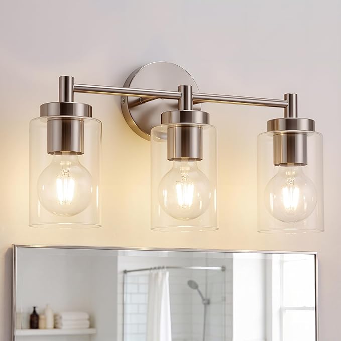 3-Light Brushed Nickel Bathroom Vanity Light, Farmhouse Wall Sconce | 17.12", Brushed Nickel Restroom Lamp, Clear Glass, Bright Makeup Lighting, above Mirror, Tool-Free E26 Bulb Swap, No Bulbs