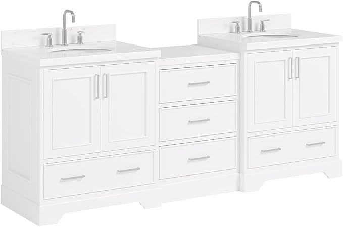 ARIEL Stafford 84-inch Bathroom Vanity with Sink,Solid Wood, 1.5in Carrara White Quartz Countertop & Backsplash, Double Oval Porcelain Sink, 4 Soft Closing Doors, 5 Dovetail Drawers, White