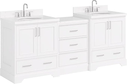 ARIEL Stafford 84-inch Bathroom Vanity with Sink,Solid Wood, 1.5in Carrara White Quartz Countertop & Backsplash, Double Oval Porcelain Sink, 4 Soft Closing Doors, 5 Dovetail Drawers, White