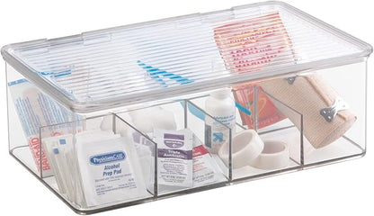 mDesign Plastic First Aid Kit Storage Box with Clear Top Lid for Bathroom, Kitchen, Cabinet, Closet, Drawer - Organizes Medicine, Ointments, Adhesive Bandages, Dental, 8 Divided Sections - Clear