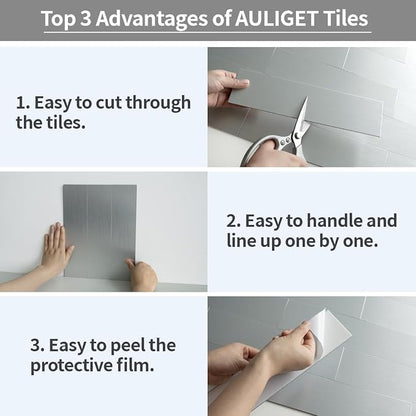 AULIGET 3" x 12" Peel and Stick Backsplash Wall Tiles, PVC Composite Stick on Tiles for Backsplash Kitchen, Bathroom, Laundry Room, Camper, Fireplace (40, Brushed Metal)