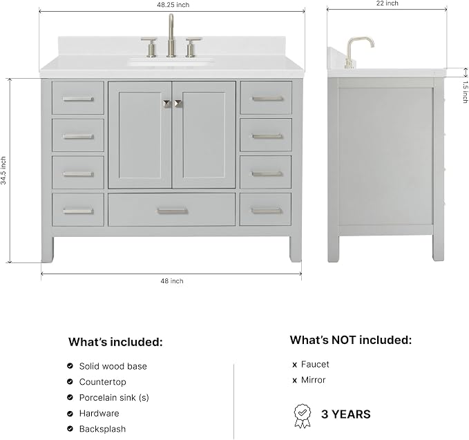 DKB Beckford 48-Inch Bathroom Vanity with Sink — Grey Single Sink Bathroom Vanity, 1.5" Edge Carrara White Quartz Countertop, Solid Wood, 2 Soft-Close Doors, 9 Dovetail Drawers