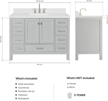 DKB Beckford 48-Inch Bathroom Vanity with Sink — Grey Single Sink Bathroom Vanity, 1.5" Edge Carrara White Quartz Countertop, Solid Wood, 2 Soft-Close Doors, 9 Dovetail Drawers