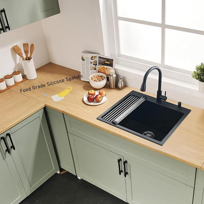 25 Inch Quartz Drop In Kitchen Sink | 25x22 Inch Black Granite Composite Quartz Drop In Utility Outdoor Sink Topmount Single Bowl Kitchen Sink with Rubber Squeegee