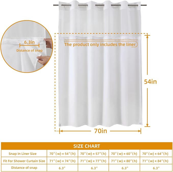eachope 3 Pack Fabric Snap-in Shower Curtain Liner Replacement,Compatible with No Hook Shower Curtain with Snap in Liner, Removable & Water-Repellent,Machine Washable,70x54,White
