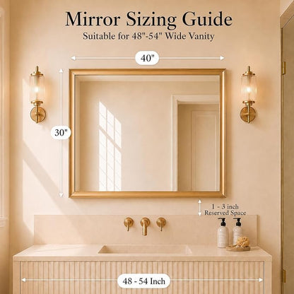 Brushed Gold Bathroom Mirrors for Over Sink 30x40 Inch | Curved Aluminum Frame Rectangle Vanity Mirror for Bedroom Living Room Entryway, HD Tempered Glass, Anti-Rust