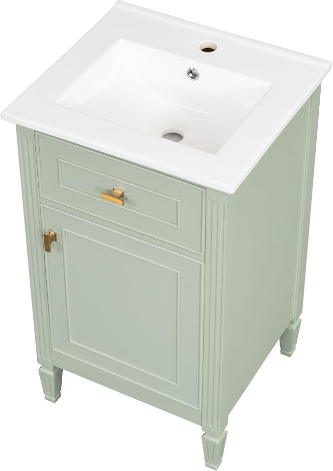 GDFStudio Hawthorne 20" Modern Bathroom Vanity with Sink, Freestanding Bathroom Vanity Organizer with Tilt Out Drawer, Adjustable Shelf and Solid Wood Legs, Single Sink Bathroom Vanity, Green