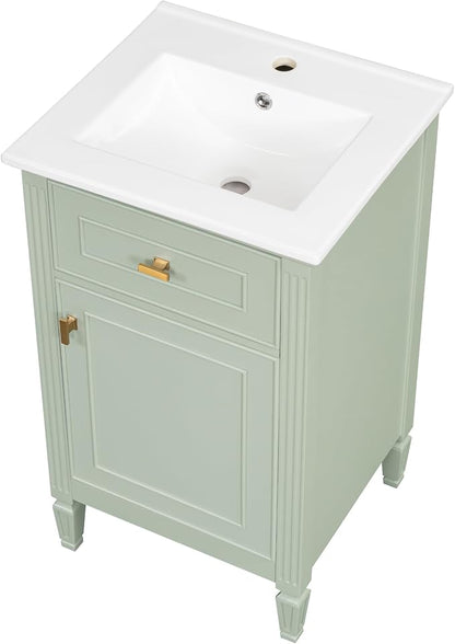 GDFStudio Hawthorne 20" Modern Bathroom Vanity with Sink, Freestanding Bathroom Vanity Organizer with Tilt Out Drawer, Adjustable Shelf and Solid Wood Legs, Single Sink Bathroom Vanity, Green