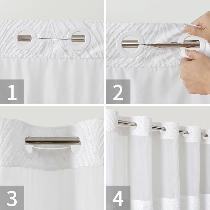 eachope Long No Hook Shower Curtain and Liner Set,Boho Style with See Through Top Window,White Fabric Tufted Striped Textured Outer Curtain with Snap in Liner, White,71Wx80H