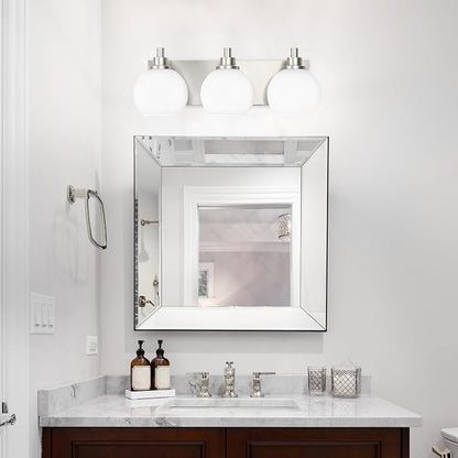 IZORRO Bathroom Light Fixtures, 3-Light Brushed Nickel Vanity Light, Modern Wall Sconces with Globe Milk White Glass Shade, Vanity Lighting Fixtures Over Mirror,E26 Bulb Socket