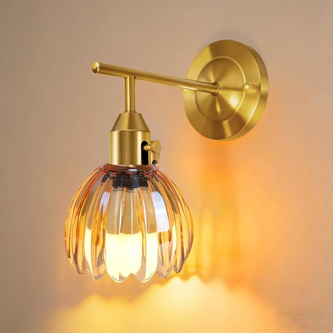 Vintage Wall Sconces with Cute Amber Tulip Glass Lampshade, Brass Sconces Hradwired Modern Wall Mounted Light Fixtures with Switch for Bedside Bedroom Living Room Wall Decor