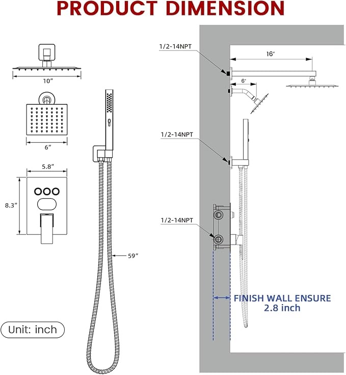 Longriver 3-Push Button Shower Faucet Set Hydro Power Temperature Display | Shower System Wall Mounted 10" & 6" Shower Head with 3-Spary Handheld, Shower Fixtures with Valve and Trim Kit, Brushed Gold
