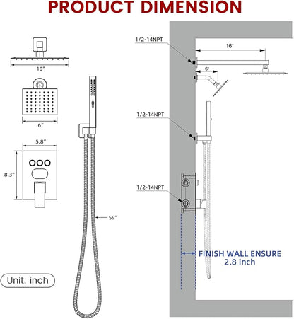 Longriver 3-Push Button Shower Faucet Set Hydro Power Temperature Display | Shower System Wall Mounted 10" & 6" Shower Head with 3-Spary Handheld, Shower Fixtures with Valve and Trim Kit, Brushed Gold