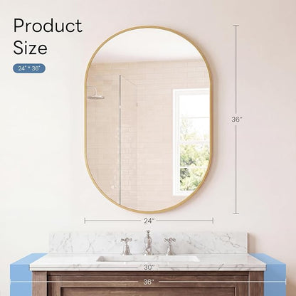 Sweetcrispy Oval Bathroom Wall Mirror, Vanity Mirror, 24x36 Inch | Metal Frame Tempered Glass, Over Sink Living Room, Bedroom Entryway Hang, Horizontal or Vertical, Gold