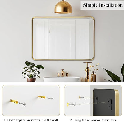 Fabuday Bathroom Mirror 28x36 Inch - Gold Bathroom Mirrors Over Sink, Brushed Metal Frame Wall Mirror for Entryway Modern Farmhouse Decor, Horizontal or Vertical Hanging