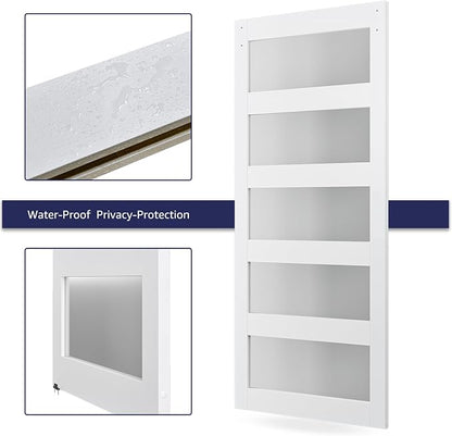 48in x 84in White Sliding Glass Barn Door with 5-Panel Frosted Glass | with 8ft Brushed Nickel Hardware Kit & Handle, Pre-Drilled Holes Easy Assembly, Covered with Water-Proof PVC Surface