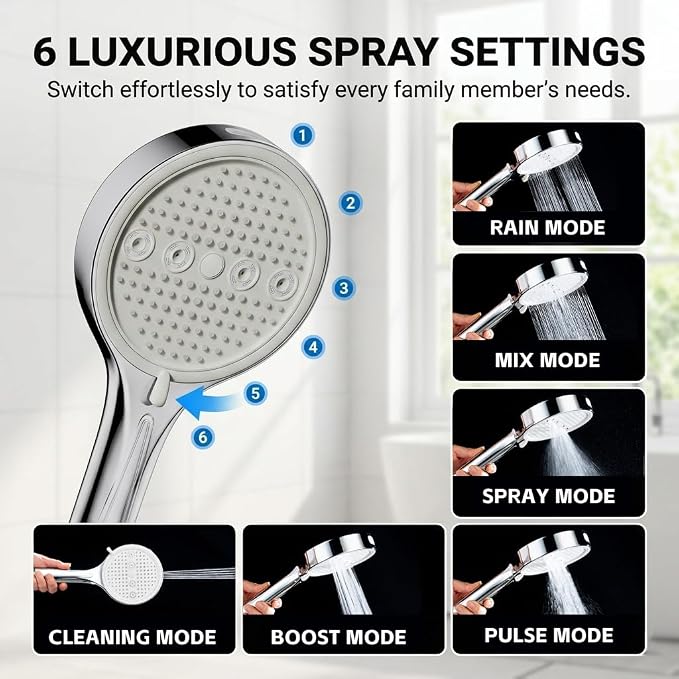 Handheld Shower Head with Hose, 6 Spray Settings, High Pressure, Chrome Finish, Rain, Pulse, Boost, Spray, Mix, Cleaning Modes (Chrome)
