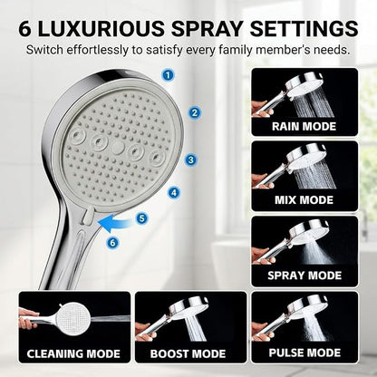 Handheld Shower Head with Hose, 6 Spray Settings, High Pressure, Chrome Finish, Rain, Pulse, Boost, Spray, Mix, Cleaning Modes (Chrome)