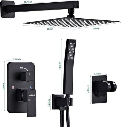 Shower System Black -10 Inch High Pressure Rain Shower Heads with Handheld Spray Combo Shower Faucet Set with Pressure Balanced Rough-in Valve, Wall Mount Bathroom Shower Set fit All Valve Types