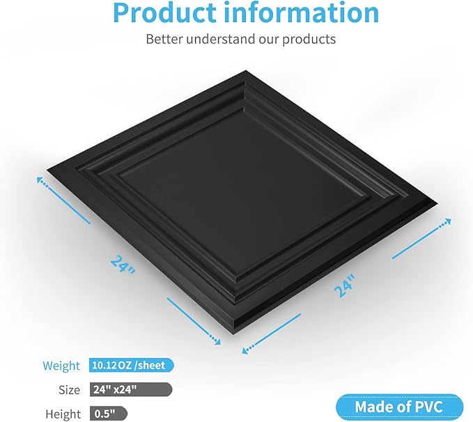 Art3d PVC Ceiling Tiles, 3D Plastic Sheet in Black, 2 x 2 ft, 12-Pack | Lightweight, Waterproof, No Sag and Breakage, Compatible with Grid System, Perfect for Basement, Kitchen